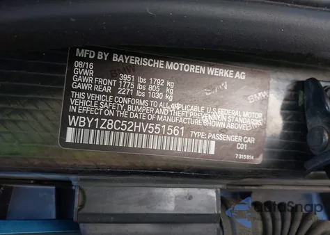 2017 BMW I3 94 Ah W/Range Extender z USA, uszkodzony, nr VIN WBY1Z8C52HV551561
